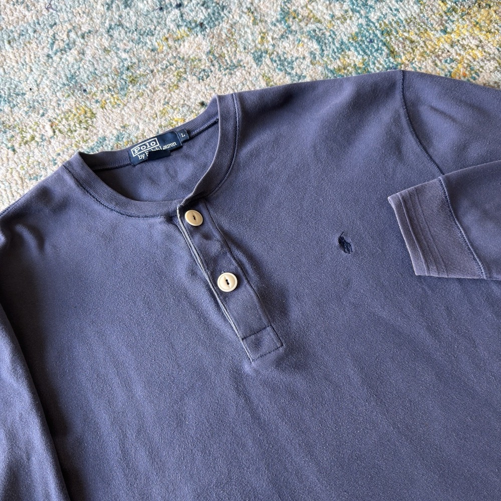 Vintage Polo Ralph Lauren Long Sleeve Henley Shirt Large Faded Blue Pony Logo